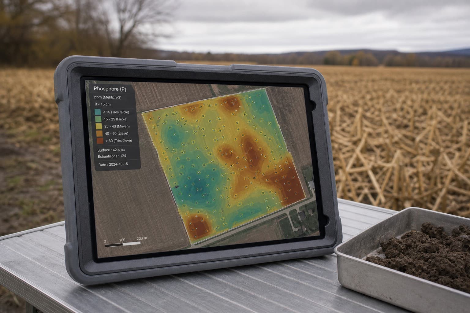 Georeferenced soil phosphorus map on a field tablet, campaign day.