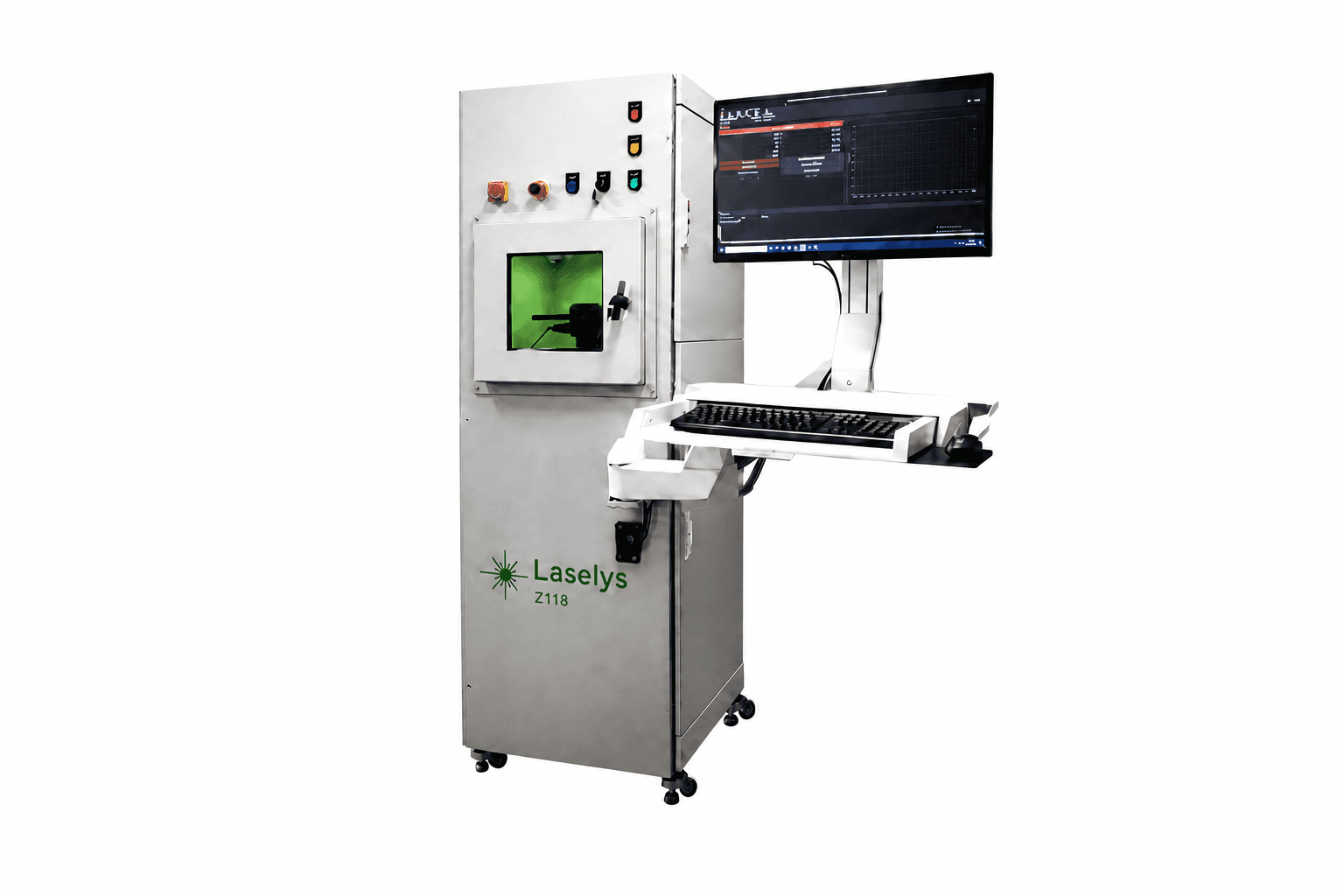 Laselys Z118 laboratory analyzer: LIBS cabinet on casters with analysis chamber and workstation.